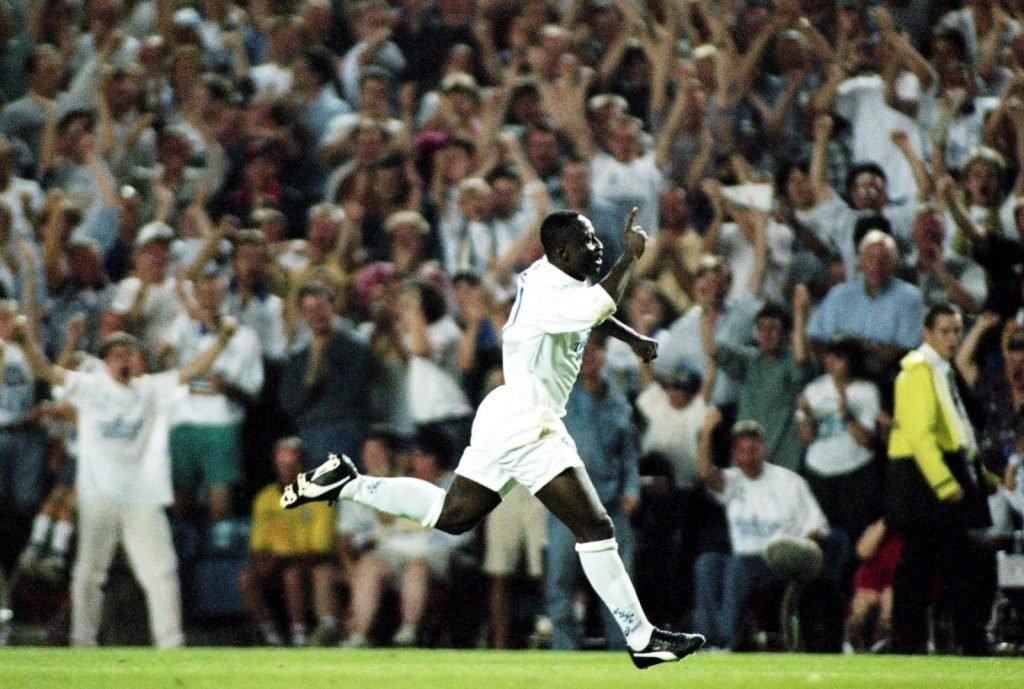 Leeds Anthony Yeboah celebrates his wonder goal v Liverpool, August 1995