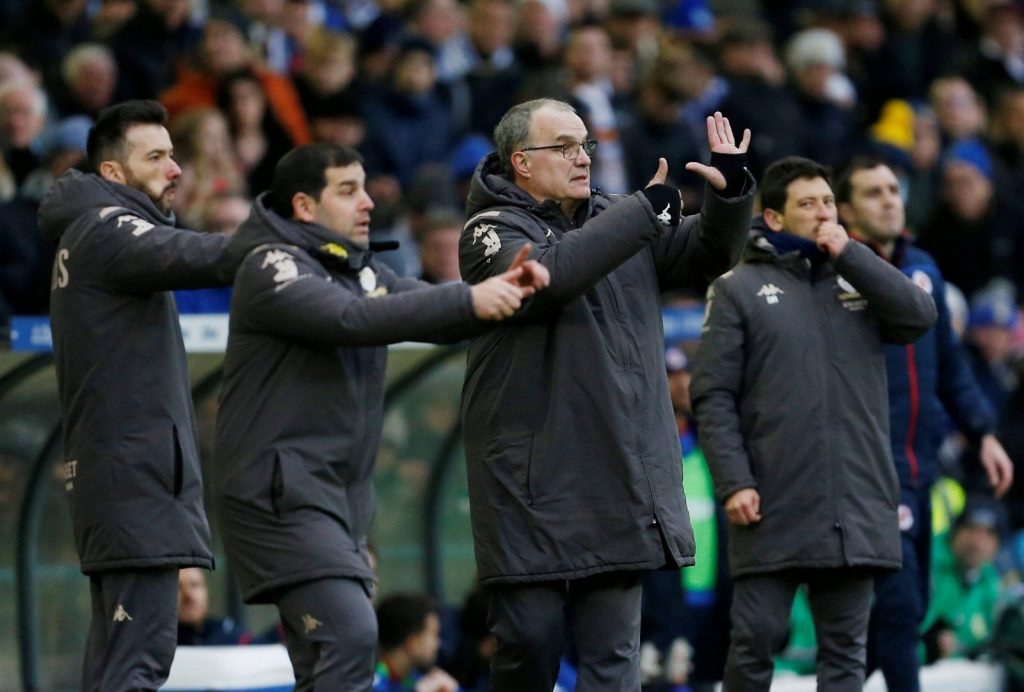 Leeds United Manager Marcelo Bielsa and his assistants gesture vs Reading