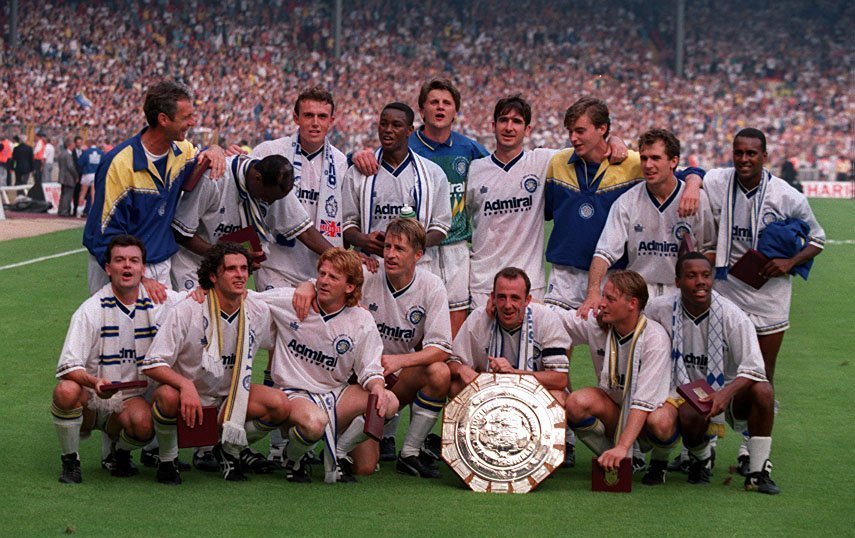 Leeds United celebrate with the 1992 Charity Shield after beating Liverpool 4-3