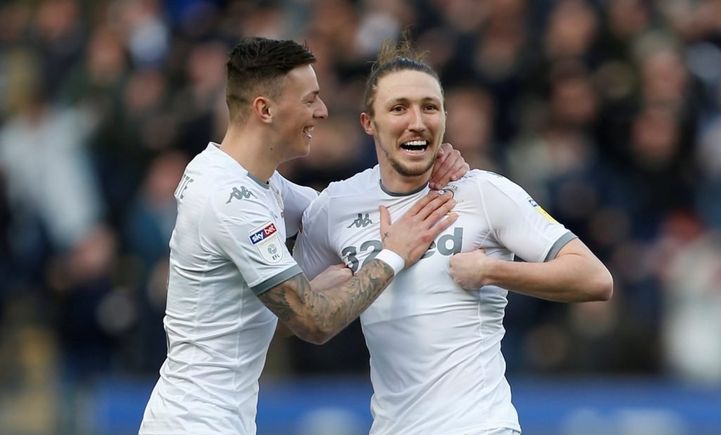 Leeds United's Luke Ayling celebrates with teammates after he scores their first goal v Hull City