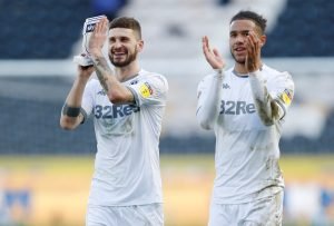Leeds United's Mateusz Klich and Tyler Roberts celebrate after the Hull City match