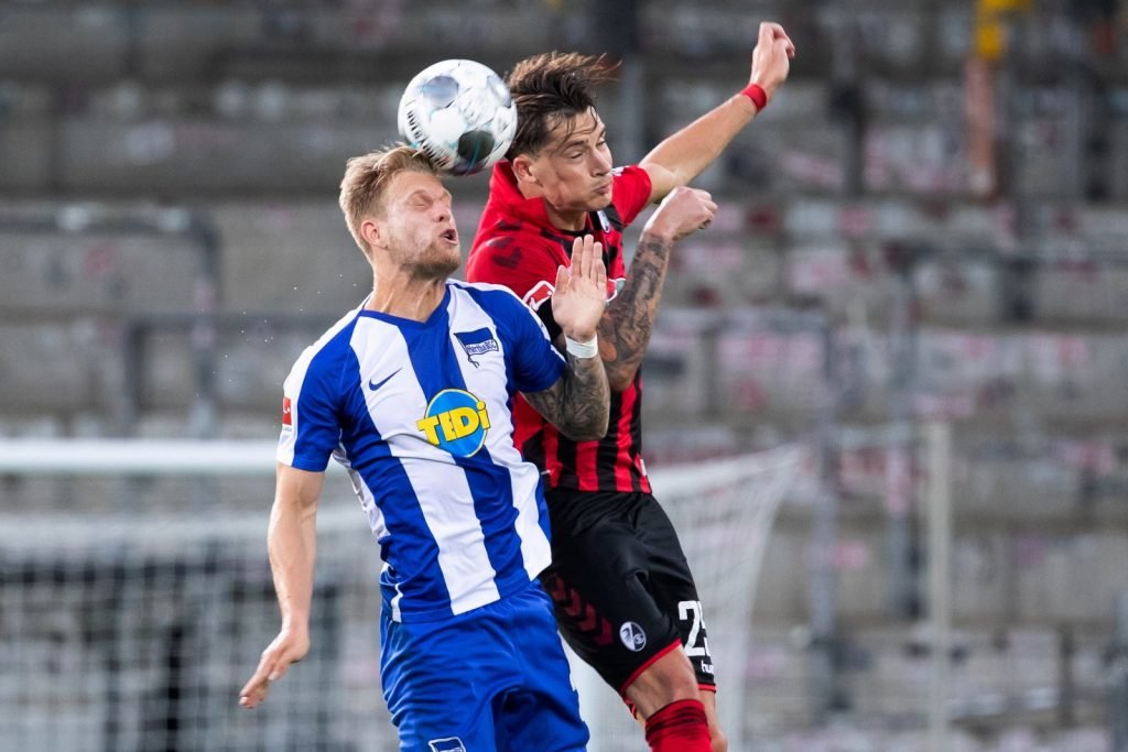 Hertha BSC's Arne Maier in action with SC Freiburg's Robin Koch