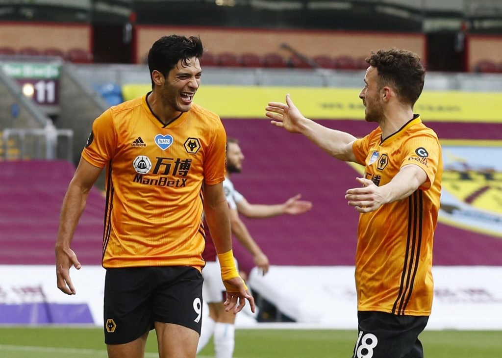 Wolverhampton Wanderers' Raul Jimenez celebrates scoring their first goal v Burnley with Diogo Jota