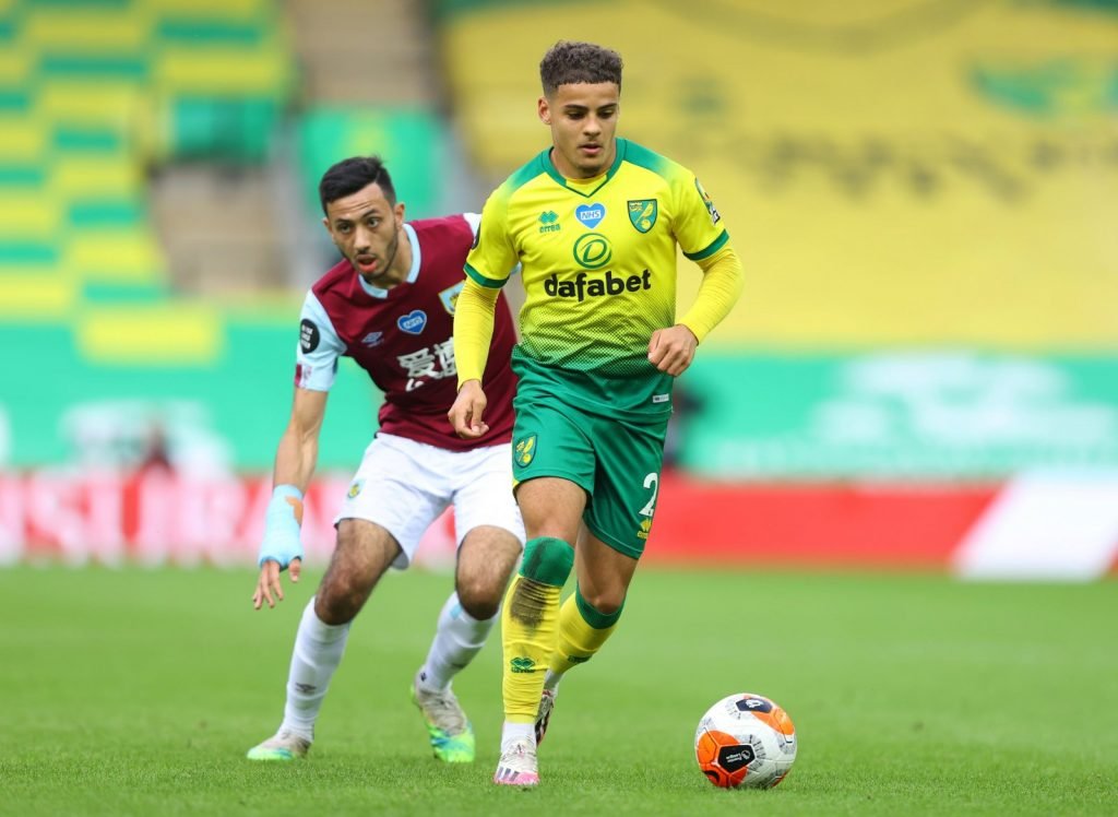 Norwich City's Max Aarons in action with Burnley's Dwight McNeil
