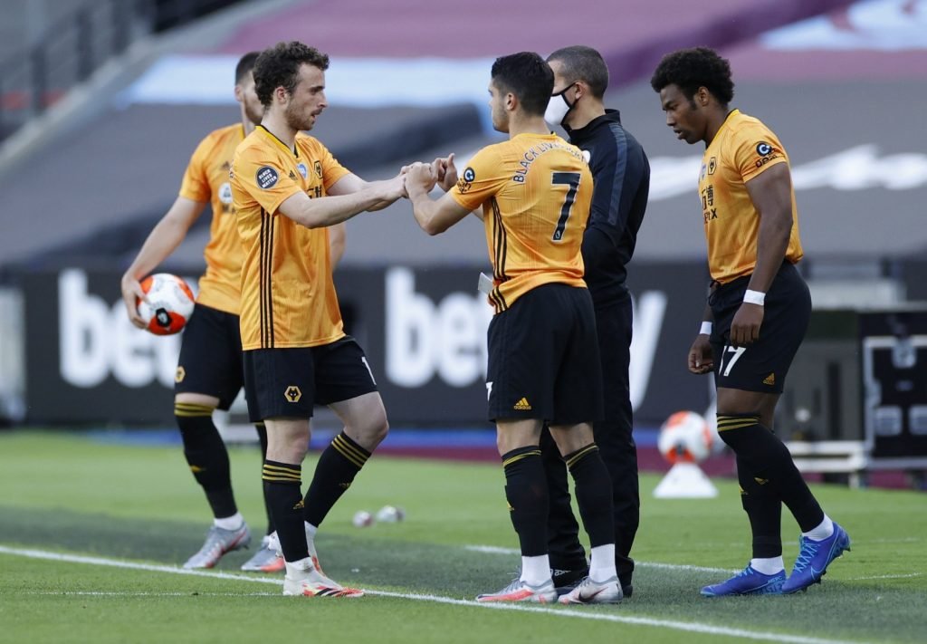 Wolverhampton Wanderers' Pedro Neto and Adama Traore come on as substitutes to replace Diogo Jota and Leander Dendoncker