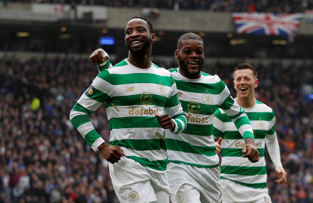 Moussa Dembele celebrates scoring for Celtic