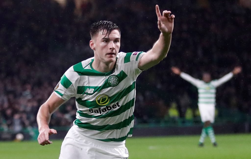 Kieran Tierney celebrates a Celtic goal