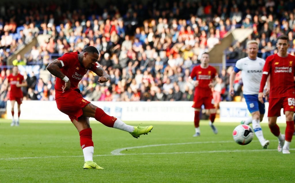 Liverpool's Nathaniel Clyne scores their first goal during Pre Season Friendly v Tranmere Rovers