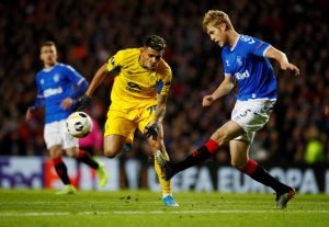 Rangers' Filip Helander in action with FC Porto's Francisco Soares during Europa League - Group G tie