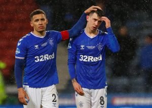Rangers' James Tavernier and Ryan Jack look dejected after the Scottish League Cup Final v Celtic