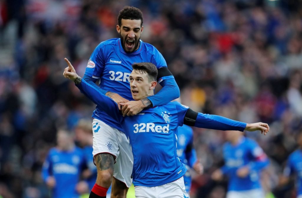 Rangers' Ryan Jack celebrates scoring their first goal v Celtic with Connor Goldson