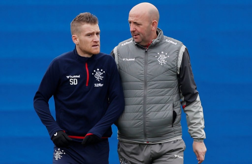 Rangers assistant manager Gary McAllister with Steven Davis during training